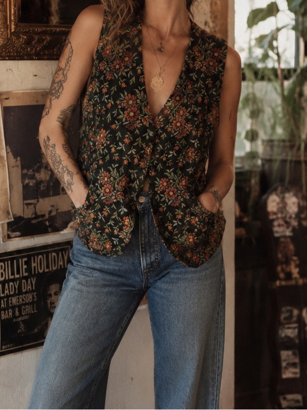 Karen Scott Black Vest with Rust and Orange Floral Accents
